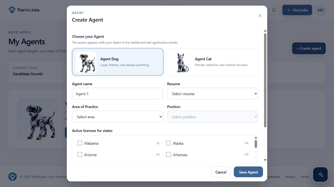Create Agent dialog with avatar, resume, Area of Practice, Position, licensed states, and active status.