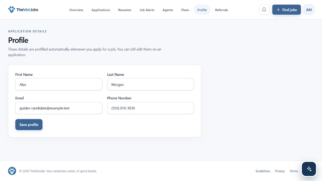 Candidate Profile page with contact information fields.