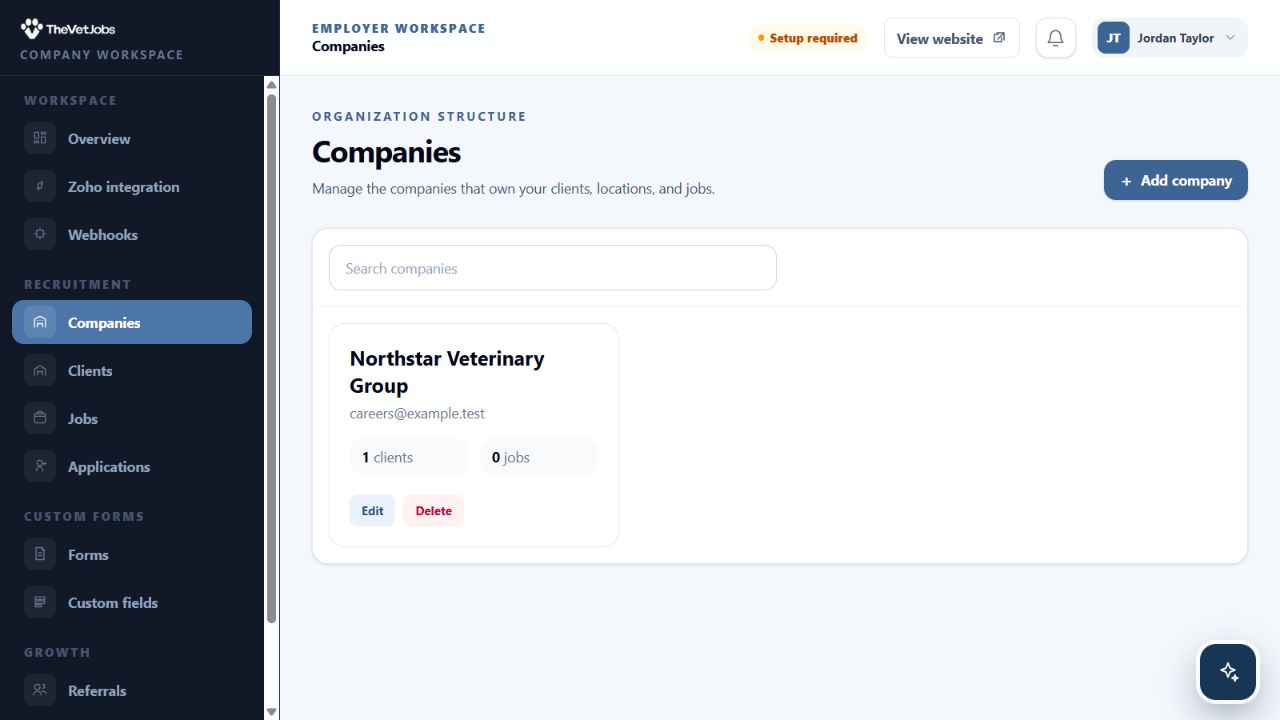 Employer Companies page showing a company card and the Add company button.