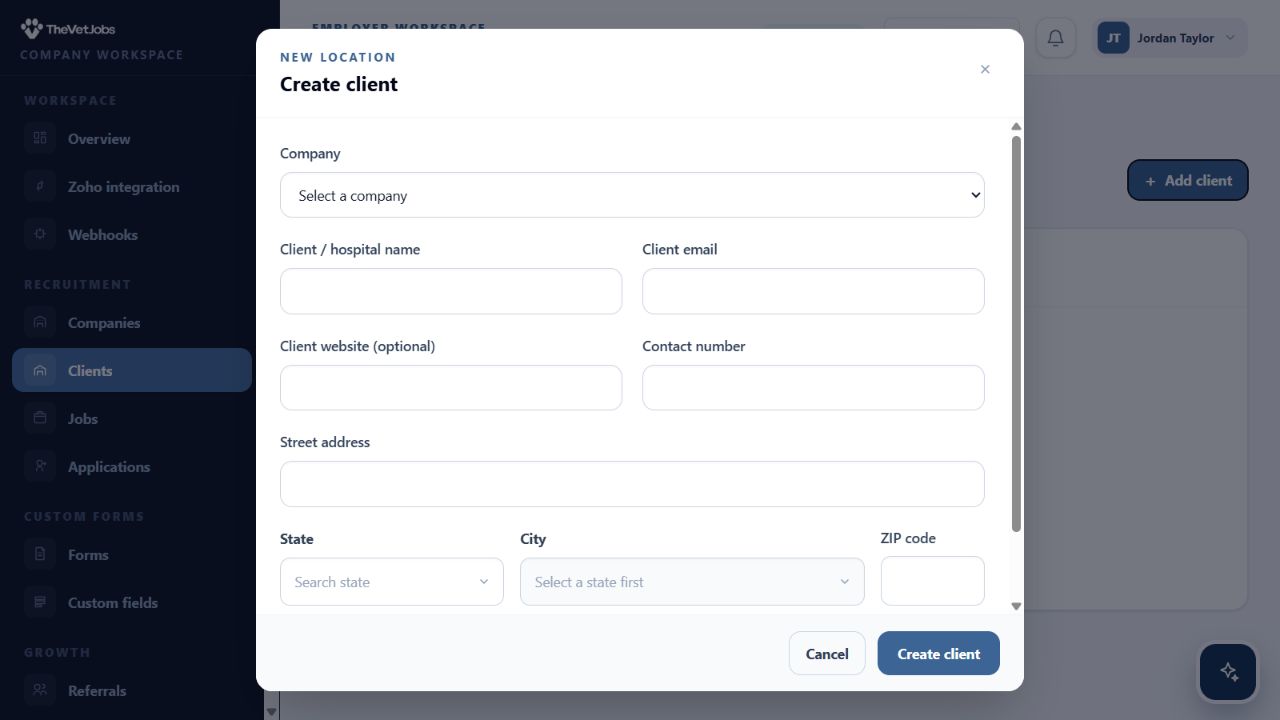 Create client dialog with Company, client name, contact, state, city, and ZIP fields.