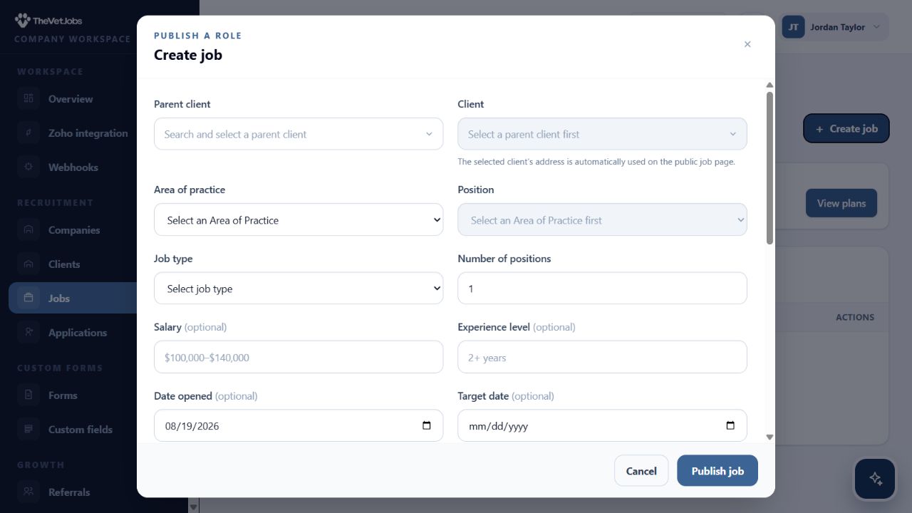 Create job dialog showing Parent client, Client, Area of Practice, Position, and job description fields.